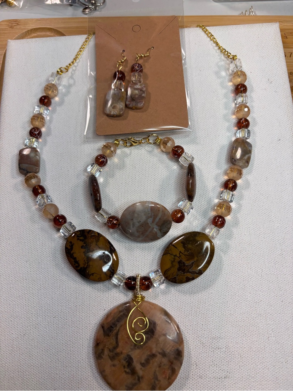 Handmade Brown Jasper Pendant Necklace Set with Bracelet & Earrings